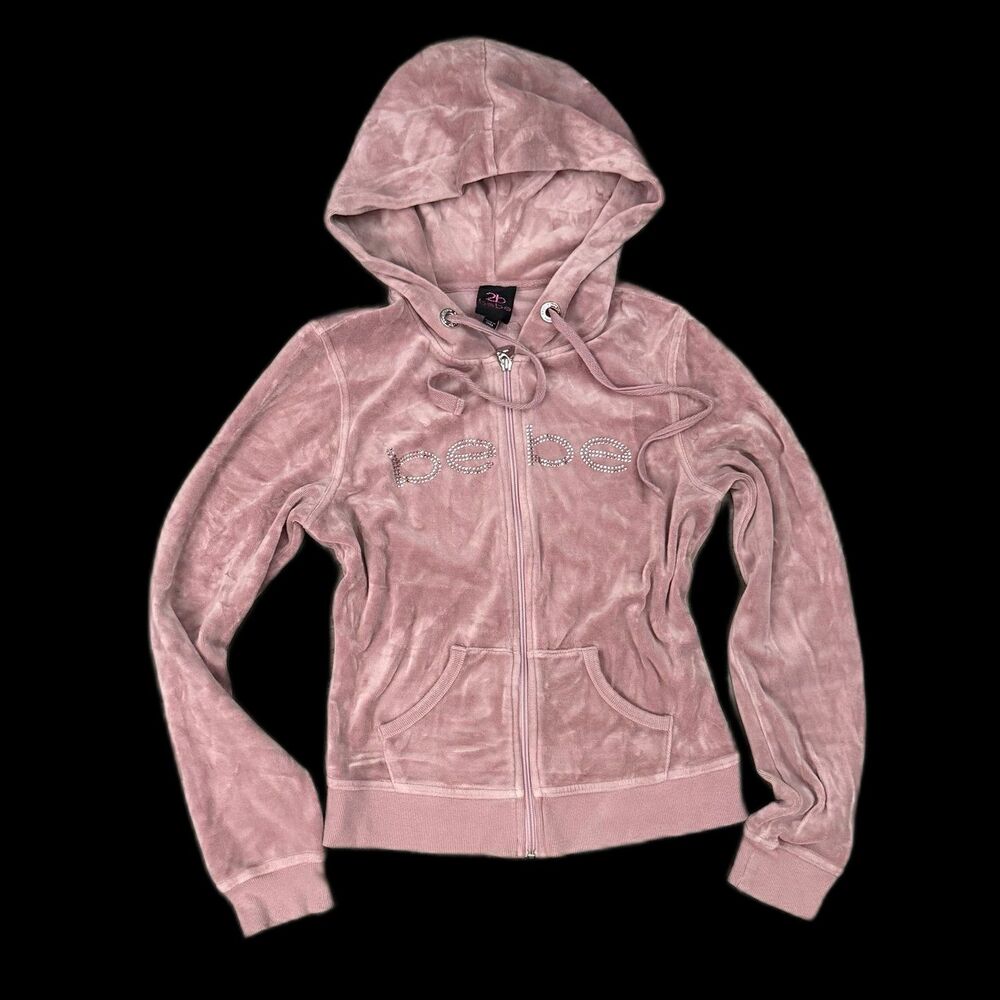 Bebe pink vintage y2k rhinestone velour hooded zip up